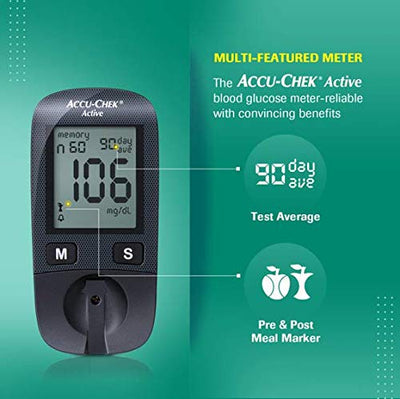 Accu-Chek Active Blood Glucose Glucometer Kit With Vial Of 10 Strips, 10 Lancets And A Lancing Device Free For Accurate Blood Sugar Testing