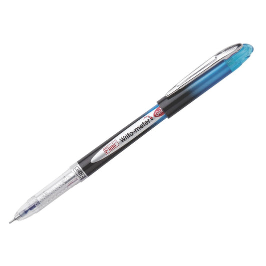 FLAIR Writometer Gel Pen Box Pack | Stainless Steel Tip | Our Longest Writing Pens | Writes Upto 1,200 Meters | Ensures Smoothness & Durability | Blue Ink, Pack of 1