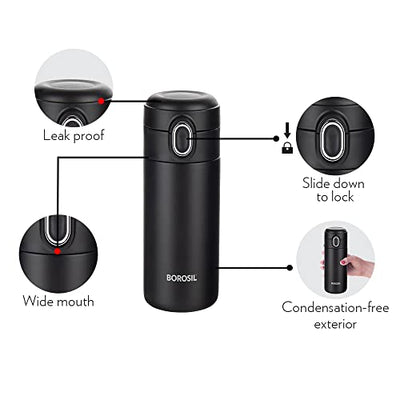 Borosil Stainless Steel Hydra Double Wall Vacuum Insulated Traveller Flask, (BLACK, 300 ml)