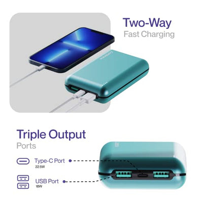 Ambrane 20000 mAh Power Bank with 22.5W Fast Charging, Compact Size, Triple Output, Type C PD (Input & Output), Li-Polymer, Metallic Body, Made in India + Type C Cable (Powerlit XL, Green)
