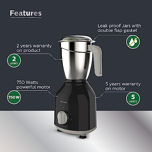 Philips HL7756/01 Mixer Grinder 750 Watt, 3 Stainless Steel Multipurpose Jars with 3 Speed Control and Pulse function (Black)