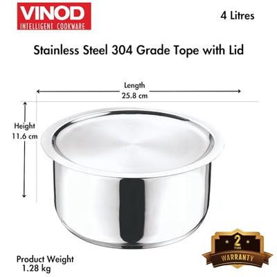 Vinod Stainless Steel 304 Grade - Tope/Patila/Topiya/Tapeli with Lid - Diameter 22 cm,Capacity 4 Litre,Multipurpose,Induction and Gas Stove Friendly,2 Year Warranty,Silver