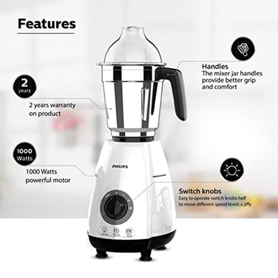 Philips HL7703/00 1000 Watt Mixer Grinder Copper Motor, 4 Jar with 5 Year Warranty on Motor