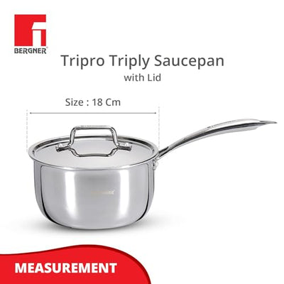 Bergner TriPro Tri-ply Stainless Steel Saucepan with Stainless Steel Lid 18 cm, 2.45 Litre, Induction Base, Silver