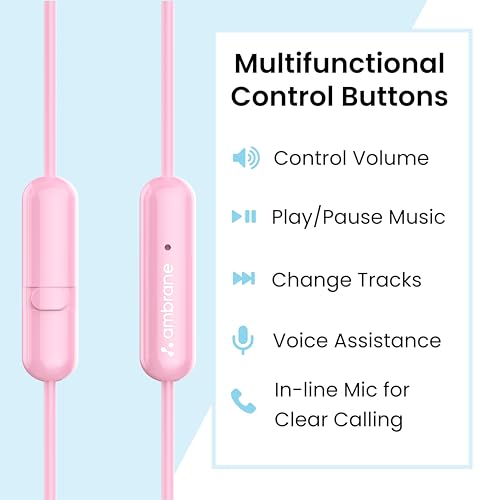 Ambrane Wired in Ear Earphones with in-line Mic for Clear Calling, 14mm Dynamic Drivers for BoostedBass™, 3.5mm Jack, Multi-Functional Controller (Stringz 38 Lite, Pink)