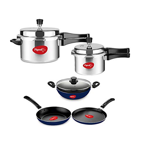 Pigeon by Stovekraft Aluminium Outer Lid Pressure Cooker Cooker 3 and 5 Litre with Kadai with Glass Lid Flat Tawa and Fry Pan Combo, Silver, Large (14466)