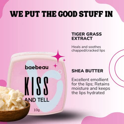Baebeau Kiss and Tell Tinted Lip Balm For Dry Chapped & Dark Lips With Shea Butter & Tiger Grass Extract For Soft & Rosy Pout For Women & Men - 10Gm (10gm)