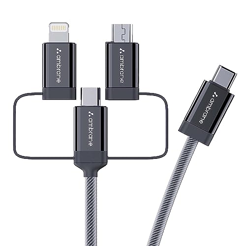 Ambrane 3 in 1 Type C, Lightning and Micro USB Cable Compatible with iPhone, Micro USB, Type C Devices, PD Technology, 60W Fast Charging, Multipurpose Cable for all devices (Trio-15, Black, 1.5m)