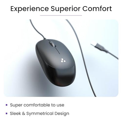 Ambrane Wired USB Mouse, Plug & Play, High Resolution 1600 DPI Optical Sensor, 3-Button Design, Clickable Scroll Wheel, Ambidextrous, Ergonomic Mouse for Comfortable All-Day Grip (Sliq 2 Wired)
