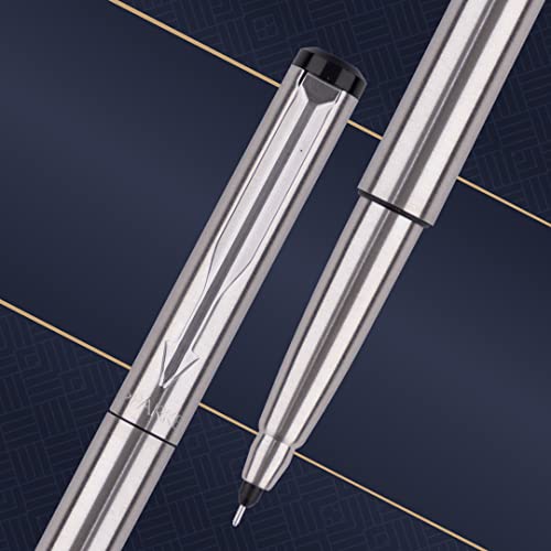 Parker Vector Stainless Steel Roller Ball Pen Chrome Trim With Card Holder Gift Set - Blue Ink, Pack Of 1