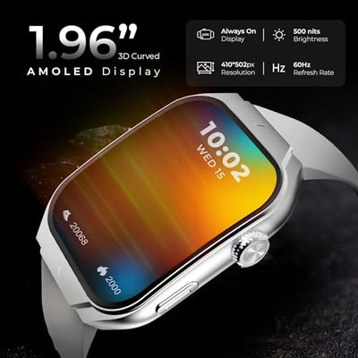 beatXP Unbound Curv 1.96” 3D Curved AMOLED Bluetooth Calling Smart Watch, Metal Body, Rotary Crown, Always On Display, Wireless Charging (Iced Silver)