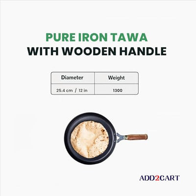 Add2cart Pre-Seasoned Iron Tawa for Dosa/Chapathi has a Wooden Handle and Measures 30.48cm/11 inch, Weighing 1.1kg. It is Induction-Friendly and 100% Pure with no Chemical Coating