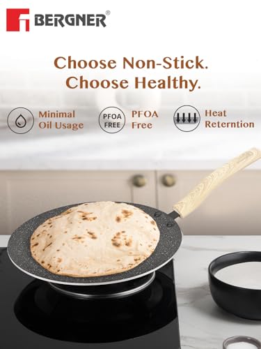 BERGNER Earth Black Non-Stick 28 cm Dosa Tawa, Wooden Finish Soft Touch Handle, 3mm Thickness, Consumes Less Oil, Even Heat Distribution, White Marble Splatter, Induction Bottom and Gas Ready