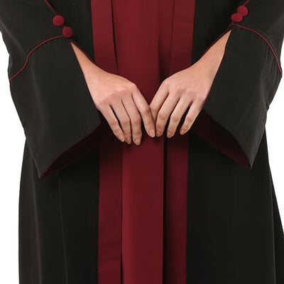 BT - Being Traditional Women’s Nida Matt Dual Color Layered Abaya With Long Flared Sleeves and Waist Belt (LAB-008) (2XL, Black-Maroon)
