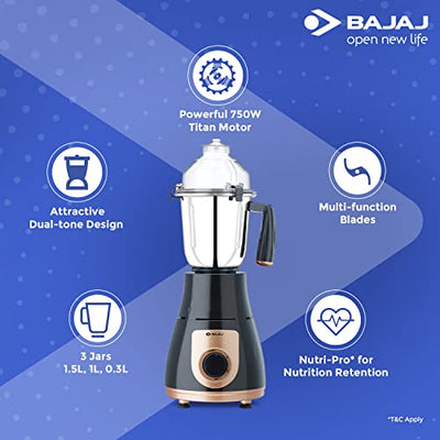 Bajaj GX-3701 750W Mixer Grinder with Nutri-Pro Feature, 3 Jars, Black (Indian Plug)