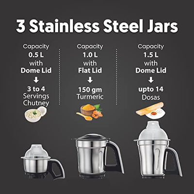Preethi Steel Supreme MG-208 mixer grinder, 750 watt (Silver/ Black), 4 jars - Super Extractor juicer Jar, Vega W5 motor with 5yr Warranty & Lifelong Free Service