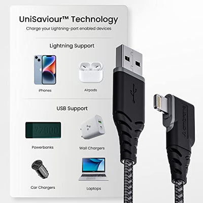 Ambrane USB to Lightning 12W Fast Charging, L Shape for Easy Holding, 480 Mbps Data Sync Cable for iPhone, iPad, Macbook, iMac, Airpods - 1.25m (ABLL-125 Black)