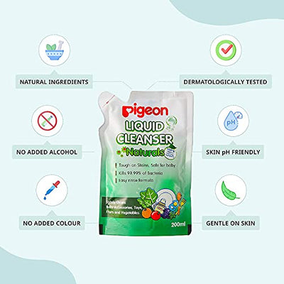 Pigeon Liquid Cleanser Naturals Refill ,PH Friendly,No Added Color,No Added Alcohol,Natural Cleanser,For baby Feeding Bottle,Bood bowls,Feeding Accessories,Fruits and Vegetables,200 ml,Pack of 2