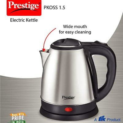 Prestige 1.5 Litres Electric Kettle (PKOSS 1.5)|1500W | Silver - Black| Automatic Cut-off | Stainless Steel | Rotatable Base | Power Indicator | Single-Touch Lid Locking