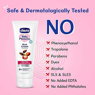 Chicco Baby Moments Rich Cream, New Advanced Formula with Natural Ingredients for Extra Rich Moisturization, Suitable for Preventing Dryness, No Phenoxyethanol and Parabens (100g)