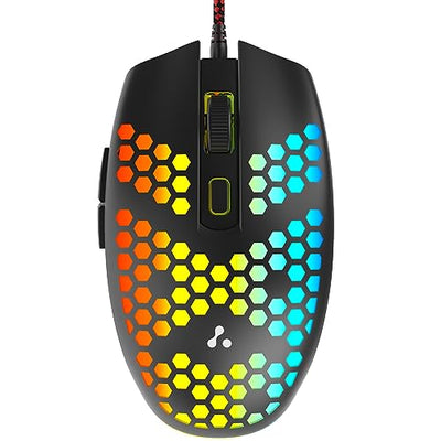 Ambrane Honeycomb Design Wired Gaming Mouse with 6 Programmable Buttons, 4-Speed Customizable 3600 DPI, Comfortable Grip, 7 Colors Breathing LED Light, 1.5m Long Cable, Lightweight (TroneX, Black)