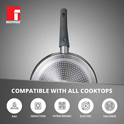 BERGNER Aluminium Orion Marble Non-Stick Tawa/Dosa Tawa 28 Cm, Induction Base, Minimum Oil Cooking, Food Safe, Grey