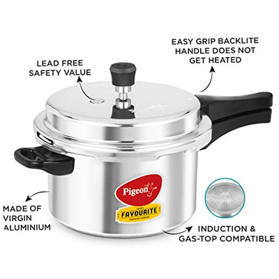 Pigeon By Stovekraft Favourite Aluminium Pressure Cooker with Outer Lid Induction and Gas Stove Compatible 5 Litre Capacity for Healthy Cooking (Silver)