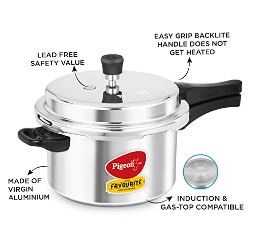 Pigeon By Stovekraft Favourite Aluminium Pressure Cooker with Outer Lid Induction and Gas Stove Compatible 5 Litre Capacity for Healthy Cooking (Silver)