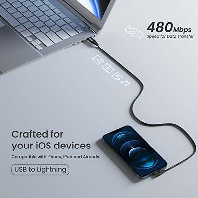 Ambrane USB to Lightning 12W Fast Charging, L Shape for Easy Holding, 480 Mbps Data Sync Cable for iPhone, iPad, Macbook, iMac, Airpods - 1.25m (ABLL-125 Black)