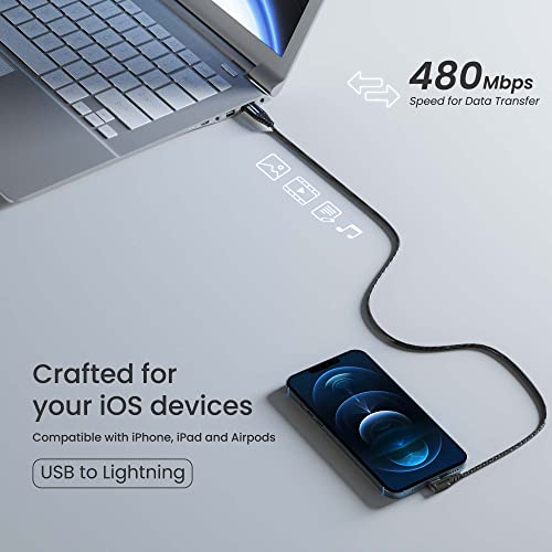 Ambrane USB to Lightning 12W Fast Charging, L Shape for Easy Holding, 480 Mbps Data Sync Cable for iPhone, iPad, Macbook, iMac, Airpods - 1.25m (ABLL-125 Black)