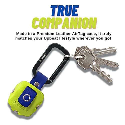 Airtag Premium Leather Key Ring Holder Case Cover Compatible with Apple Airtag, Comes with Metal Carabiner & Transparent AirTag Protective Film (1- Pack, Light Yellow and Blue) (AirTag Not Included)