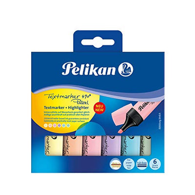 Pelikan Pastel Highlighter Marker, Chisel Tip, Aqua Turquoise, Light Yellow, Lightpink, Lavender, Soft Orange, Meadow Green, Pack of 6