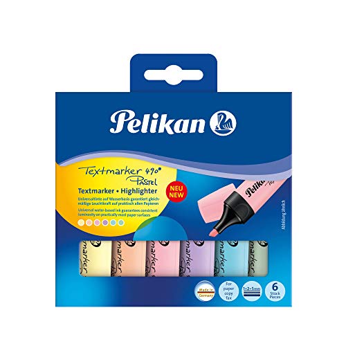 Pelikan Pastel Highlighter Marker, Chisel Tip, Aqua Turquoise, Light Yellow, Lightpink, Lavender, Soft Orange, Meadow Green, Pack of 6