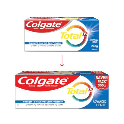 Colgate Total 300gm (2 x 150gm) Advanced Health Antibacterial Toothpaste, Tooth Paste with 12-Hour Anti-Germ Protection, Whole Mouth Health, World's No. 1* Germ-fighting Toothpaste (Combo Pack Offer)