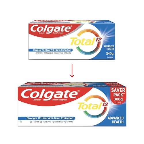 Colgate Total 300gm (2 x 150gm) Advanced Health Antibacterial Toothpaste, Tooth Paste with 12-Hour Anti-Germ Protection, Whole Mouth Health, World's No. 1* Germ-fighting Toothpaste (Combo Pack Offer)
