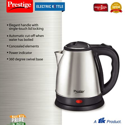 Prestige 1.5 Litres Electric Kettle (PKOSS 1.5)|1500W | Silver - Black| Automatic Cut-off | Stainless Steel | Rotatable Base | Power Indicator | Single-Touch Lid Locking