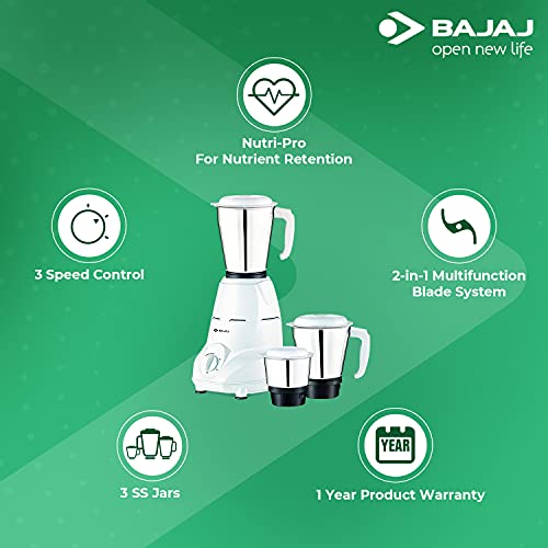 Bajaj Rex 500W Mixer Grinder with Nutri-Pro Feature, 3 Jars, White (Indian Plug)