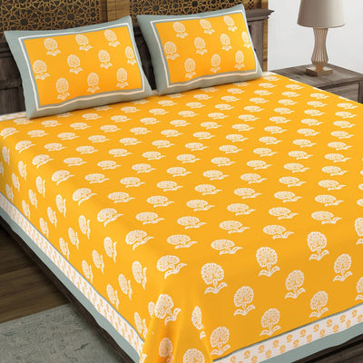 BLOCKS OF INDIA Yellow Ethnic Motifs Cotton 210 TC Super King Bedsheet & 2 Pillow Covers