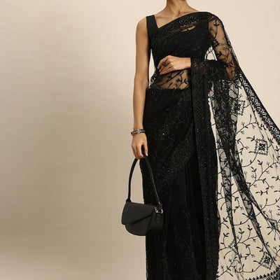 Black Floral Embroidered Net Saree