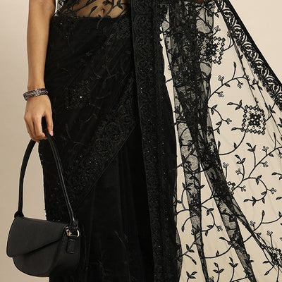 Black Floral Embroidered Net Saree