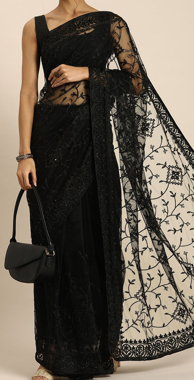 Black Floral Embroidered Net Saree