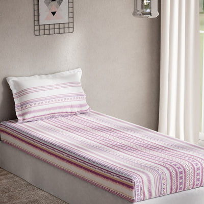 DDecor Purple & White Ethnic Motifs 144 TC Cotton Single Bedsheet with 1 Pillow Cover