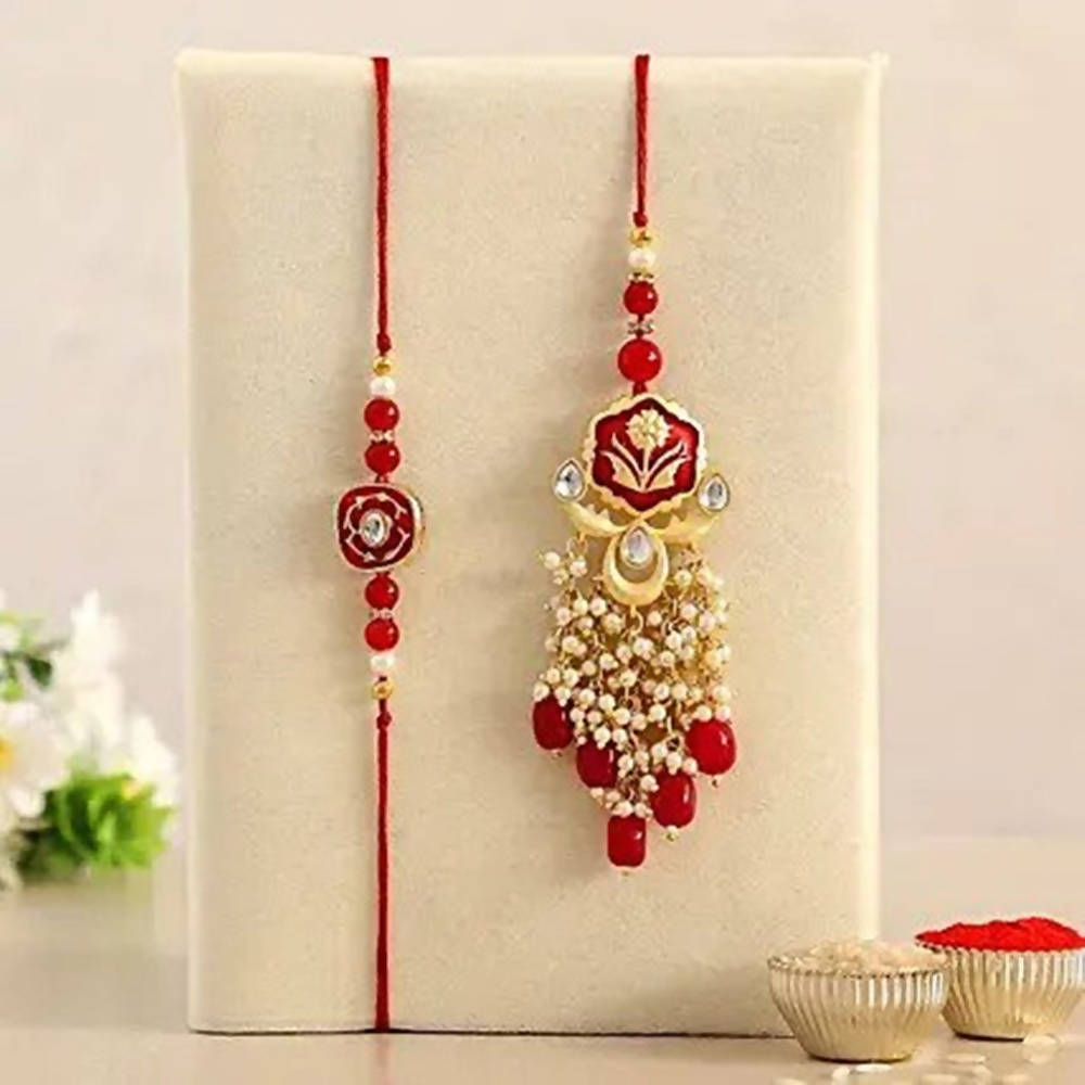 Beautiful Red Bhaiya Bhabhi Kumba Rakhi Set