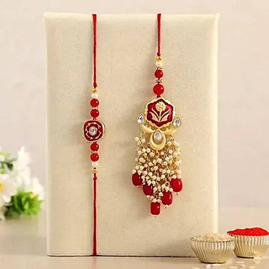 Beautiful Red Bhaiya Bhabhi Kumba Rakhi Set