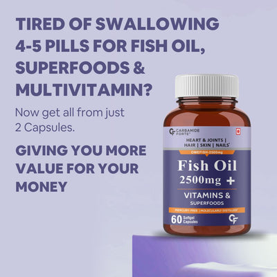 Carbamide Forte Fish Oil 2500mg- 60 Capsules| (Omega 3 1500mg; 900 mg EPA and 600mg DHA Per Serving) Capsule For Men & Women with Biotin, Vitamin D, Vitamin K2-MK7