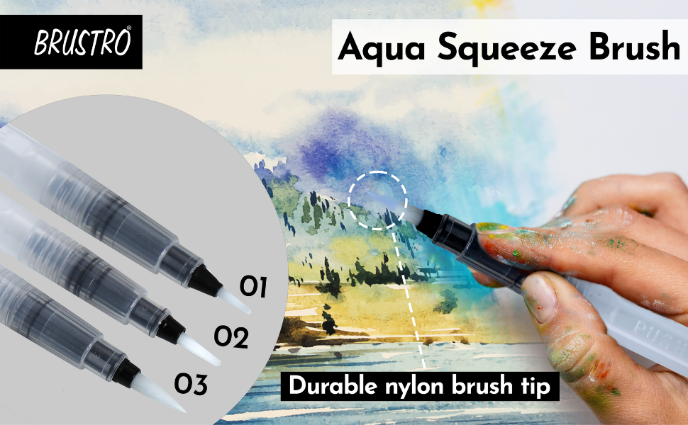 Brustro 3 Flat and Round Aqua Squeeze Leak Proof Watercolour Brush Pen with 9 Sheets Paper Cotton CP 300 GSM, 5x7-inch (Assorted) - Set of 6