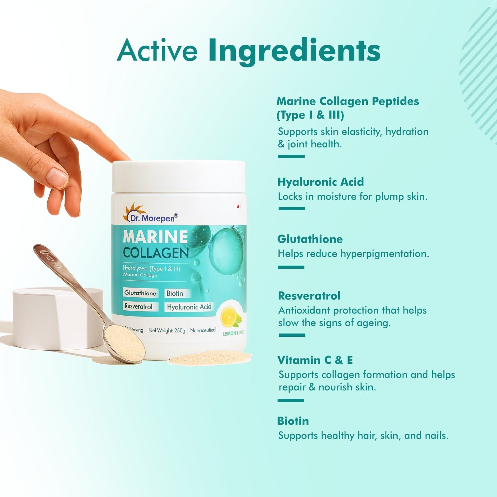 Dr. Morepen Biotin+ Advanced Tablets & DR. Morepen Marine Collagen Powder with Glutathione, Hyaluronic Acid, Resveratrol & Biotin Lemon Lime Flavour - Combo