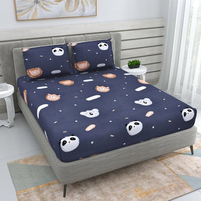 DREAM WEAVERZ Navy Blue & White Conversational Glazed Cotton 220 TC King Bedsheet with 2 Pillow Covers