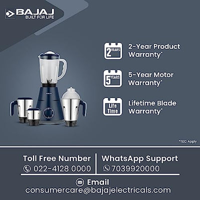 Bajaj Ninja Series Trinity 750W 4 Jar Mixer Grinder| DuraCut Blades by Bajaj|Powerful 750W Titan Motor| 3-SS Jars & 1 Juicer Jar| 5-Yr Warranty by Bajaj| Royal Blue (Indian Plug)