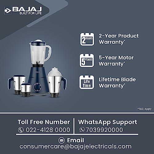 Bajaj Ninja Series Trinity 750W 4 Jar Mixer Grinder| DuraCut Blades by Bajaj|Powerful 750W Titan Motor| 3-SS Jars & 1 Juicer Jar| 5-Yr Warranty by Bajaj| Royal Blue (Indian Plug)